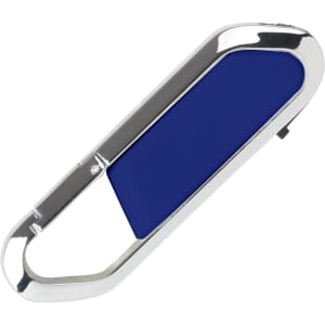 A blue and silver mini carabiner flash drive with a sleek design and a logo on the surface.