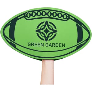 A green foam mitt shaped like a rugby ball, held by a hand, featuring a logo and graphic design.