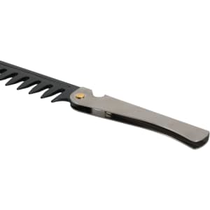 A folding comb with a sleek silver handle and a black, serrated edge. The comb features a compact design.