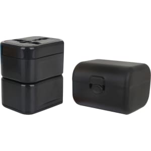 A black universal travel adapter kit featuring two stackable adapters and a protective case.