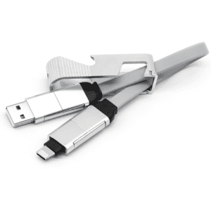 A silver 60W charging cable with a phone stand and opener, featuring a sleek design and a logo.
