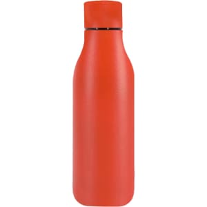 A drink bottle in bright red with a sleek, matte finish and a black lid. It features a logo on the surface.