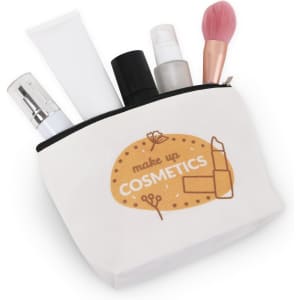 A canvas cosmetic bag in white, containing various beauty products like creams, spray bottles, and a makeup brush.