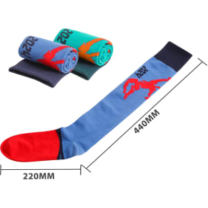 Knee high football socks in blue and red, with rolled pairs in teal and dark green. Includes a branding logo.