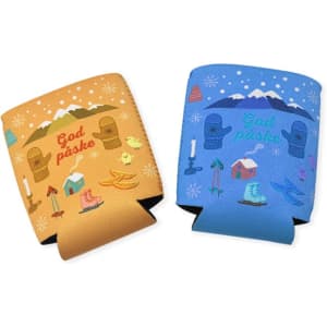 A reversible, foldable stubby holder featuring orange and blue designs with various icons and a logo.