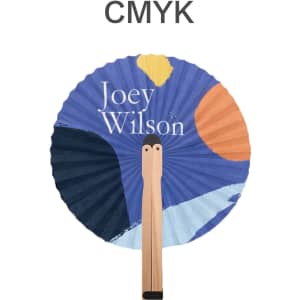 A round wooden paper fan featuring a blue, orange, and yellow design with a logo and two beige handles.
