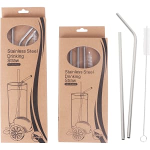 A set of stainless steel drinking straws in silver, packaged in a brown cardboard box with a logo.