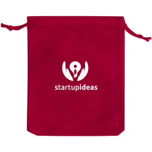 A red velvet drawstring bag with a logo at the front.
