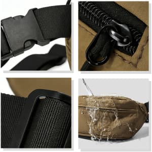 A tan large bum bag with black straps, featuring a buckle, zip, and water-resistant material.