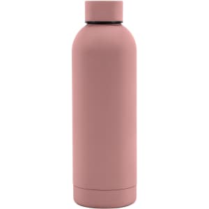 A drink bottle with a rubber-coated finish in a soft pink hue, featuring a double wall and a black lid.