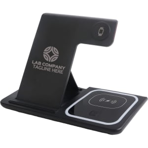 A black 3-in-1 portable wireless charger with a sleek design and a logo on the surface.