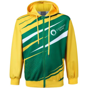 Men's polyester track jacket in green and yellow with a zip-up front and hood. Features a logo and stylish design.
