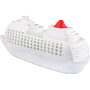 A white and red cruise ship-shaped stress reliever with grid patterns on the sides, featuring a branding logo.
