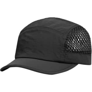 A black short brimmed running cap featuring a mesh back and a solid front panel, complete with a logo.