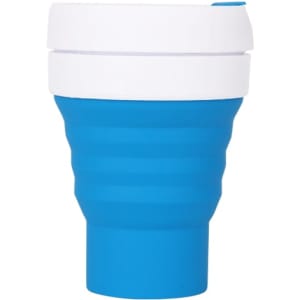 A collapsible silicon coffee cup in blue with a white lid, featuring a logo.