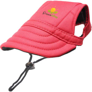 A red dog baseball hat with a structured visor and adjustable strap, featuring a logo on the front.