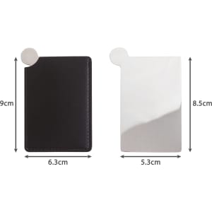 A stainless steel portable mirror beside a black leather case, showcasing dimensions and a shiny reflective surface.