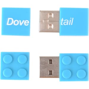 A blue brick-shaped flash drive with a silver USB connector and a logo on one side.