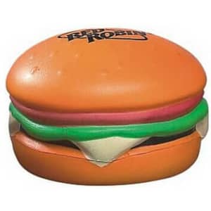 A hamburger-shaped stress reliever in orange, green, and white, featuring a logo on top.