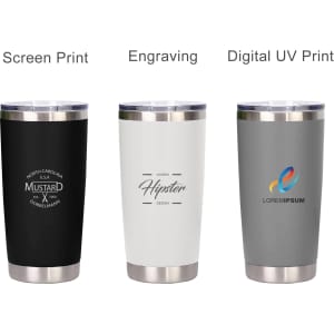 A drink bottle featuring three styles of 500ML recycled stainless steel cups in black, white, and grey, with branding options.