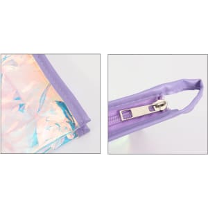 A purple travel cosmetic bag with an iridescent panel and a zip closure, featuring a small loop for carrying.