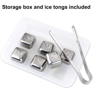 A storage box containing six stainless steel ice cubes and metal tongs. The cubes are shiny and square-shaped.