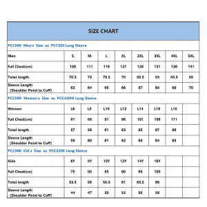 A size chart detailing measurements for men's, women's, and kids' long sleeve shirts in various sizes.