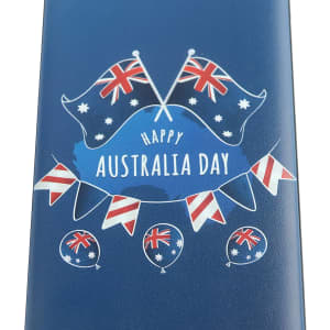 A blue power bank featuring decorative Australian flags, balloons, and a "Happy Australia Day" graphic.