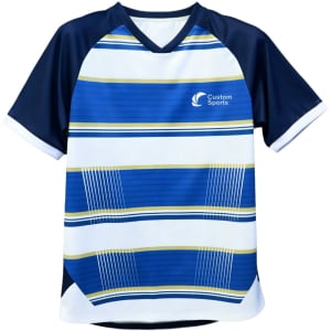 A blue and white polyester micro mesh V-neck raglan T-shirt with striped design and a logo.