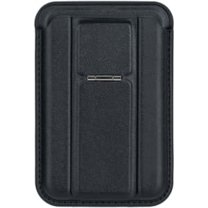 A black PU magnetic card holder featuring a slim design with a built-in phone stand and a metallic clip.