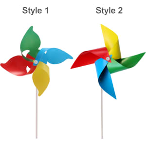 A four-leaf pinwheel with green, red, yellow, and blue petals, mounted on a white stick. It features a logo.