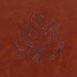 A brown PU leather passport holder featuring an embossed emblem design. The texture appears smooth and luxurious.