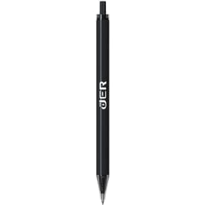 A plastic pen with a sleek black barrel, featuring a clip and a brand logo.