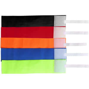 A set of stretchy armbands in black, red, orange, blue, green, and grey, featuring white straps.