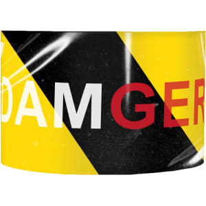 A roll of PE barrier tape featuring bold black and yellow diagonal stripes with the word "DANGER" in white and red.