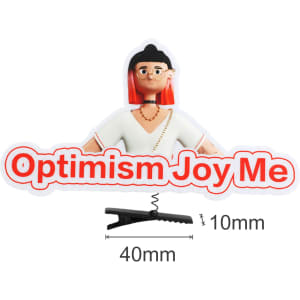 A colourful promotional clip featuring a character with red hair and a white outfit, labelled "Optimism Joy Me".