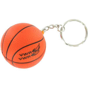 An orange basketball stress item attached to a keyring, featuring a small logo.