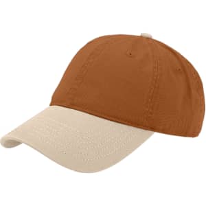 A solid colour fashion cap in brown and beige, featuring a curved brim and a logo on the front.