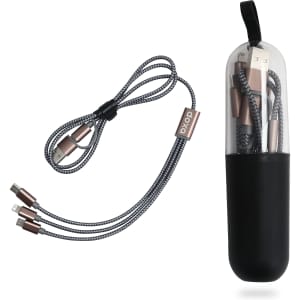 A black capsule storage case containing a multi-functional charging cable with braided grey and white strands.