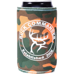 A camouflage drink holder featuring a circular logo and a dark beverage can inside.