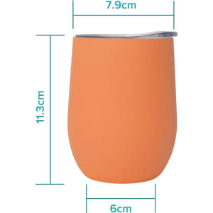 An orange, egg-shaped coffee cup with a stainless steel rim, featuring dimensions for reference.