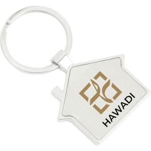 A silver metal keyring shaped like a house, featuring a logo on one side.