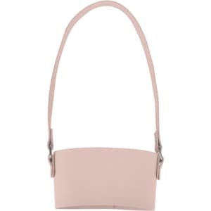 A drink bottle holder in soft pink leather with a strap and metal attachments. No visible logos or branding.