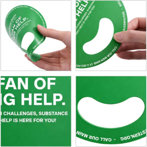 A green custom shape fan without handles, designed in a curved form. It includes a logo and text elements.