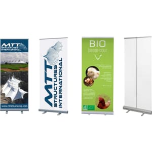 Four pull-up banners in varying designs, featuring a mix of blue, green, and neutral tones, with logos and images.