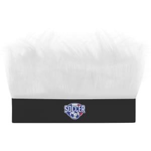 A solid headband wig with fluffy white hair and a black base featuring a logo.