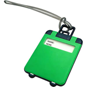 A green ABS luggage tag with a clear window for personal information and a metal attachment loop.