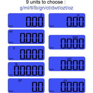 A blue digital kitchen scale with nine measurement unit options displayed on the screen.
