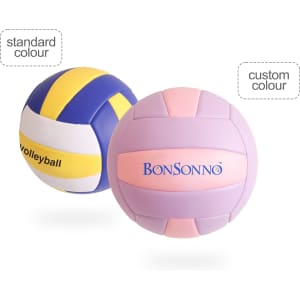 A volleyball in standard blue, yellow, and white colours alongside a custom purple and pink volleyball, both featuring a logo.