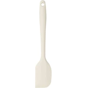 A silicone spatula in a cream colour, featuring a flat head and a long handle with a hanging hole.